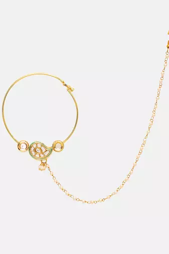 Gold Plated Kundan Green Stone Nose Ring with Chain