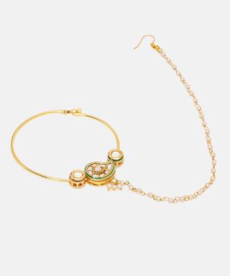 Gold Plated Kundan Green Stone Nose Ring with Chain 4