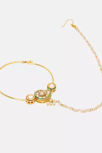 Gold Plated Kundan Green Stone Nose Ring with Chain