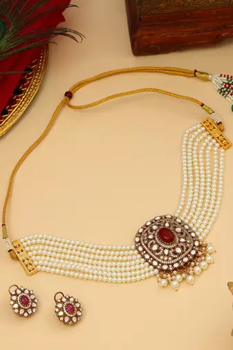 Gold Plated Kundan Red Stone Choker Necklace Set