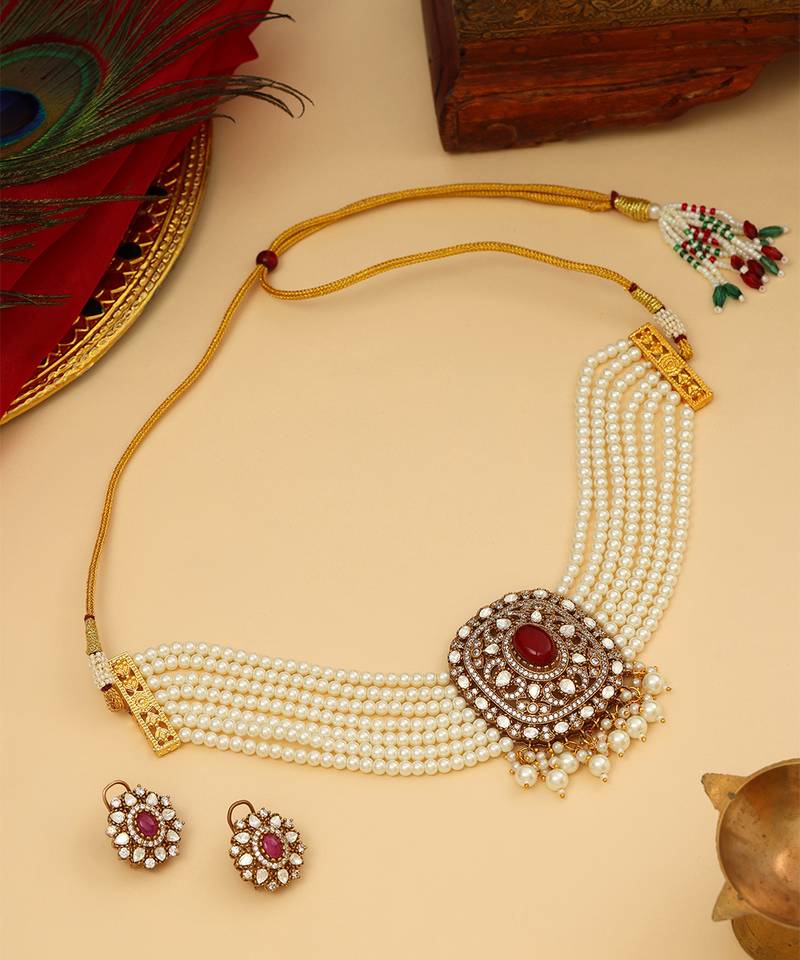 Gold Plated Kundan Red Stone Choker Necklace Set