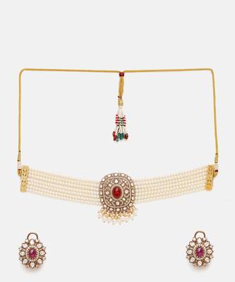 Gold Plated Kundan Red Stone Choker Necklace Set 3