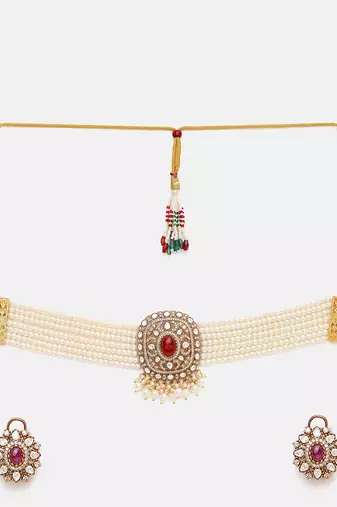 Gold Plated Kundan Red Stone Choker Necklace Set