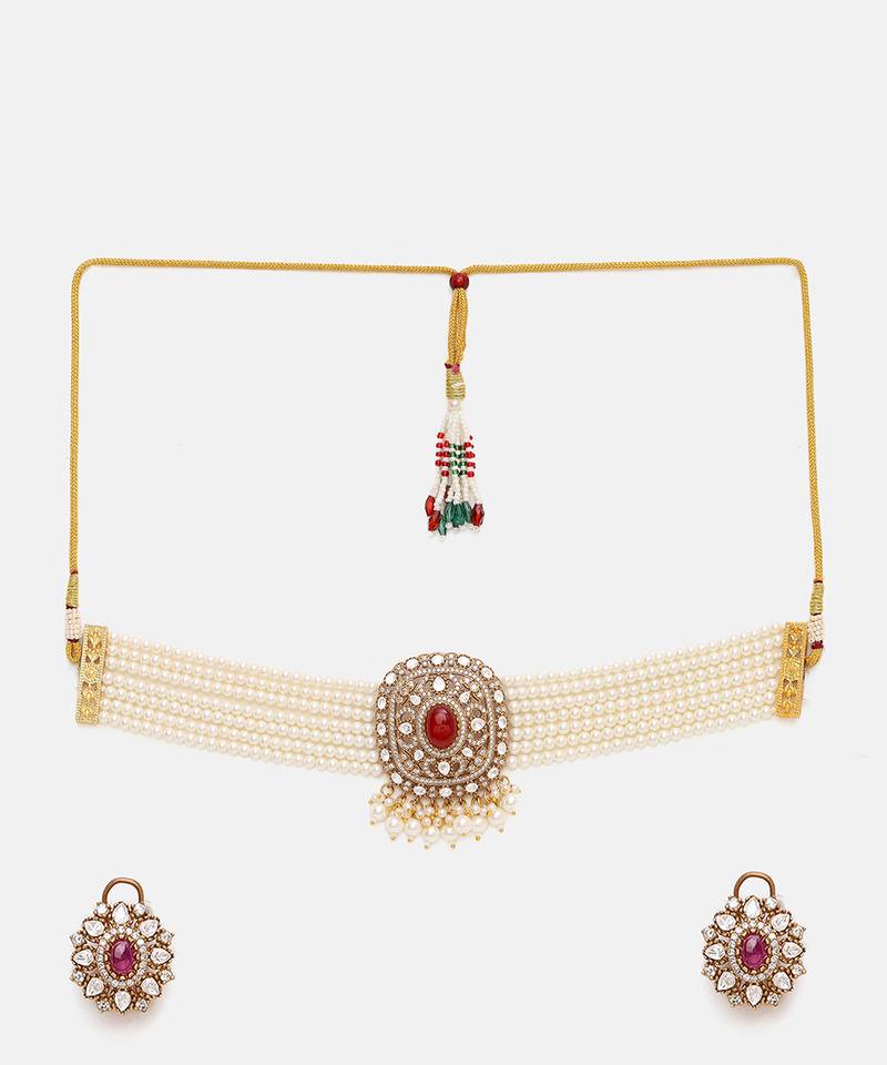 Gold Plated Kundan Red Stone Choker Necklace Set