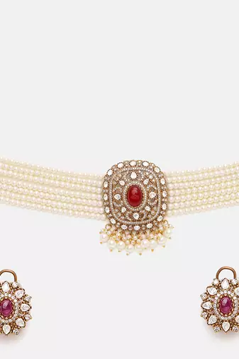 Gold Plated Kundan Red Stone Choker Necklace Set