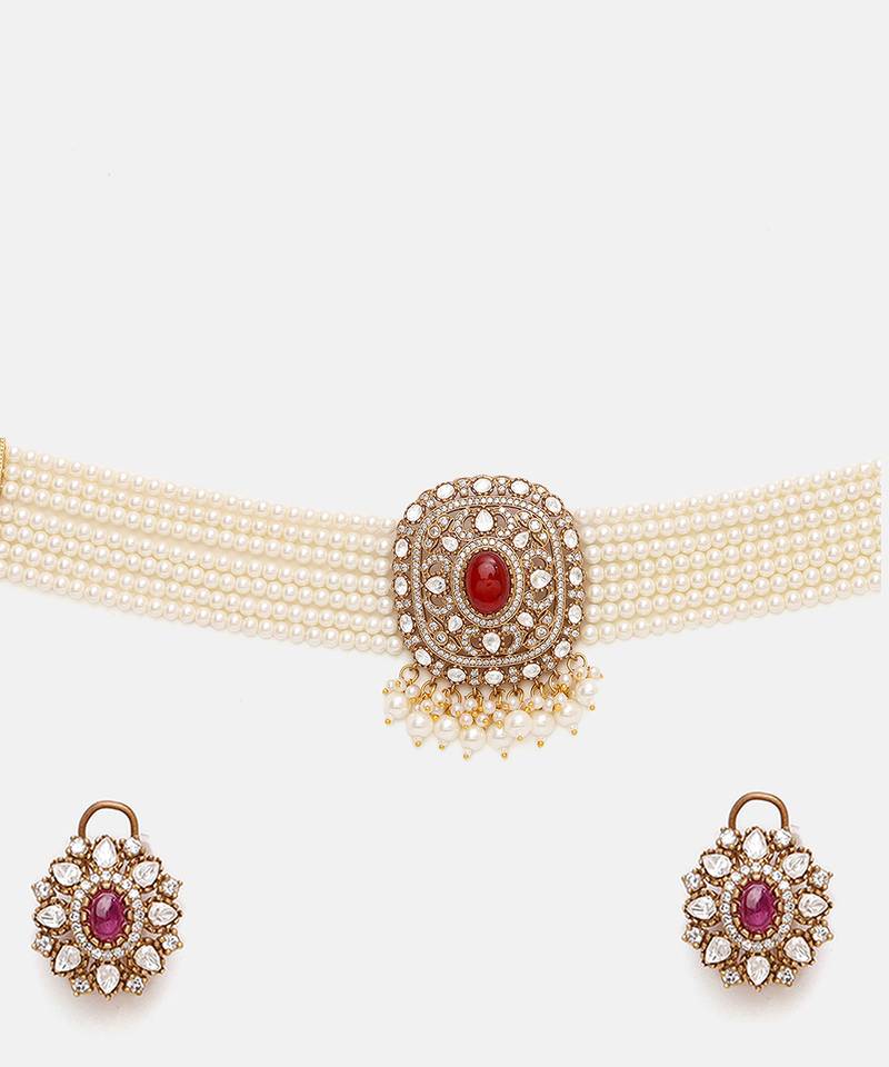 Gold Plated Kundan Red Stone Choker Necklace Set