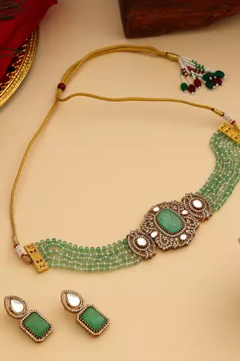 Gold Plated Kundan Turquoise Stone Choker Necklace Set