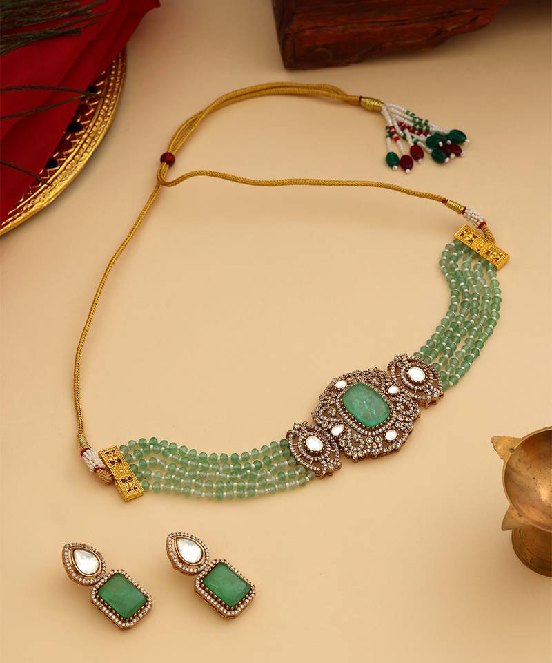 Gold Plated Kundan Turquoise Stone Choker Necklace Set