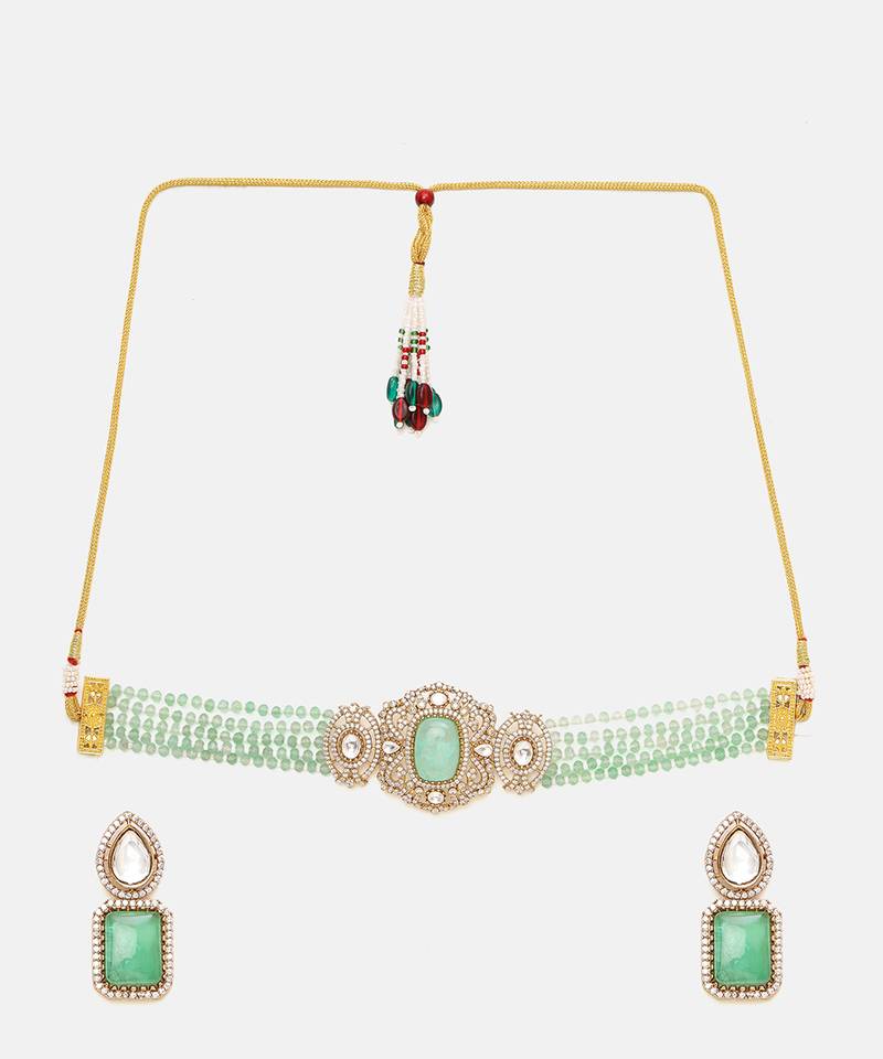 Gold Plated Kundan Turquoise Stone Choker Necklace Set