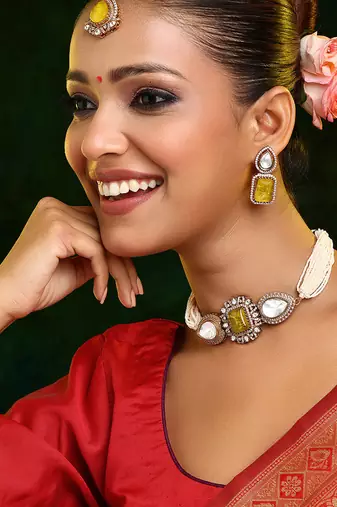 Gold Plated Kundan Yellow Stone Choker Necklace Set