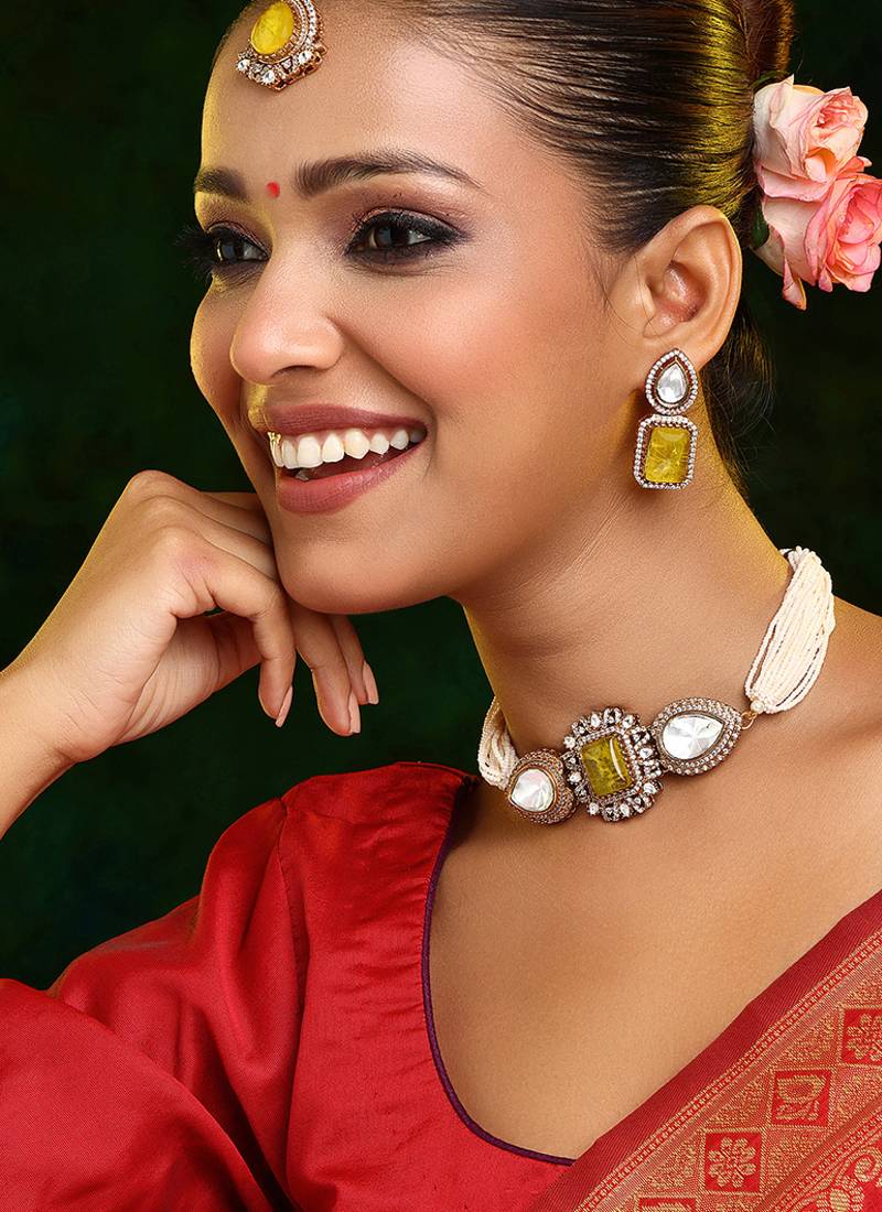 Gold Plated Kundan Yellow Stone Choker Necklace Set