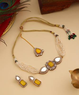 Gold Plated Kundan Yellow Stone Choker Necklace Set 2