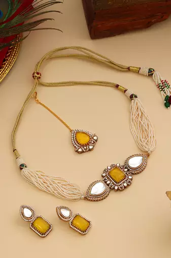 Gold Plated Kundan Yellow Stone Choker Necklace Set