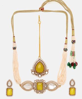 Gold Plated Kundan Yellow Stone Choker Necklace Set 3