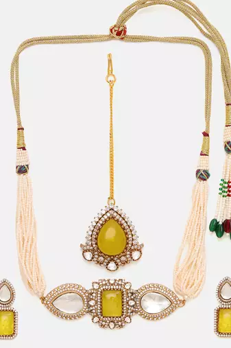 Gold Plated Kundan Yellow Stone Choker Necklace Set