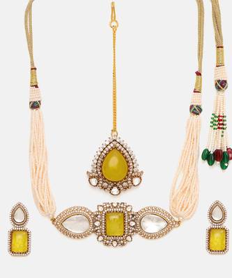 Gold Plated Kundan Yellow Stone Choker Necklace Set 4