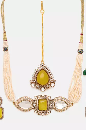 Gold Plated Kundan Yellow Stone Choker Necklace Set