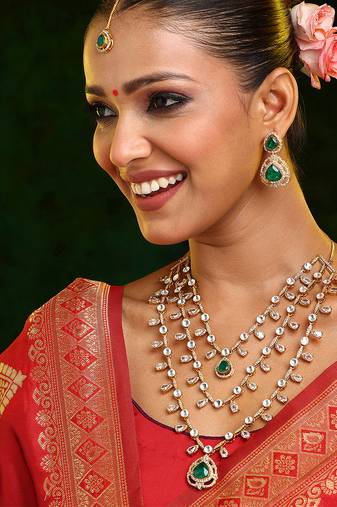 Gold Plated Kundan Green Stone Layered Necklace Set