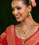 Gold Plated Kundan Green Stone Layered Necklace Set