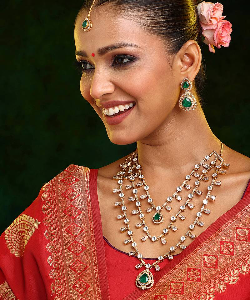 Gold Plated Kundan Green Stone Layered Necklace Set