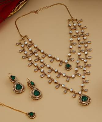 Gold Plated Kundan Green Stone Layered Necklace Set 2