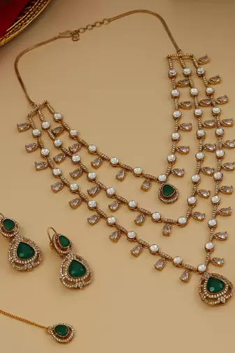 Gold Plated Kundan Green Stone Layered Necklace Set
