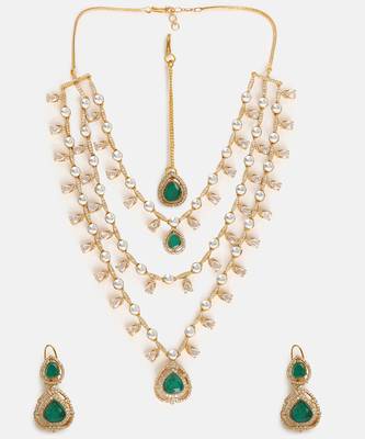 Gold Plated Kundan Green Stone Layered Necklace Set 3