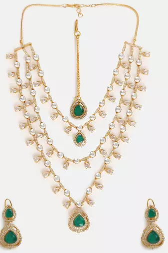 Gold Plated Kundan Green Stone Layered Necklace Set