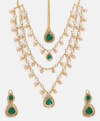 Gold Plated Kundan Green Stone Layered Necklace Set 4