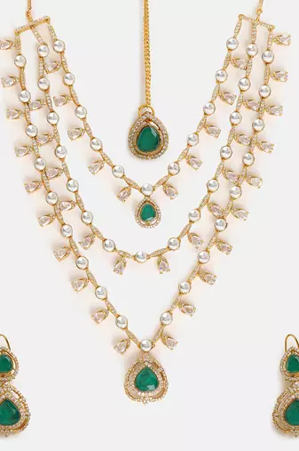 Gold Plated Kundan Green Stone Layered Necklace Set
