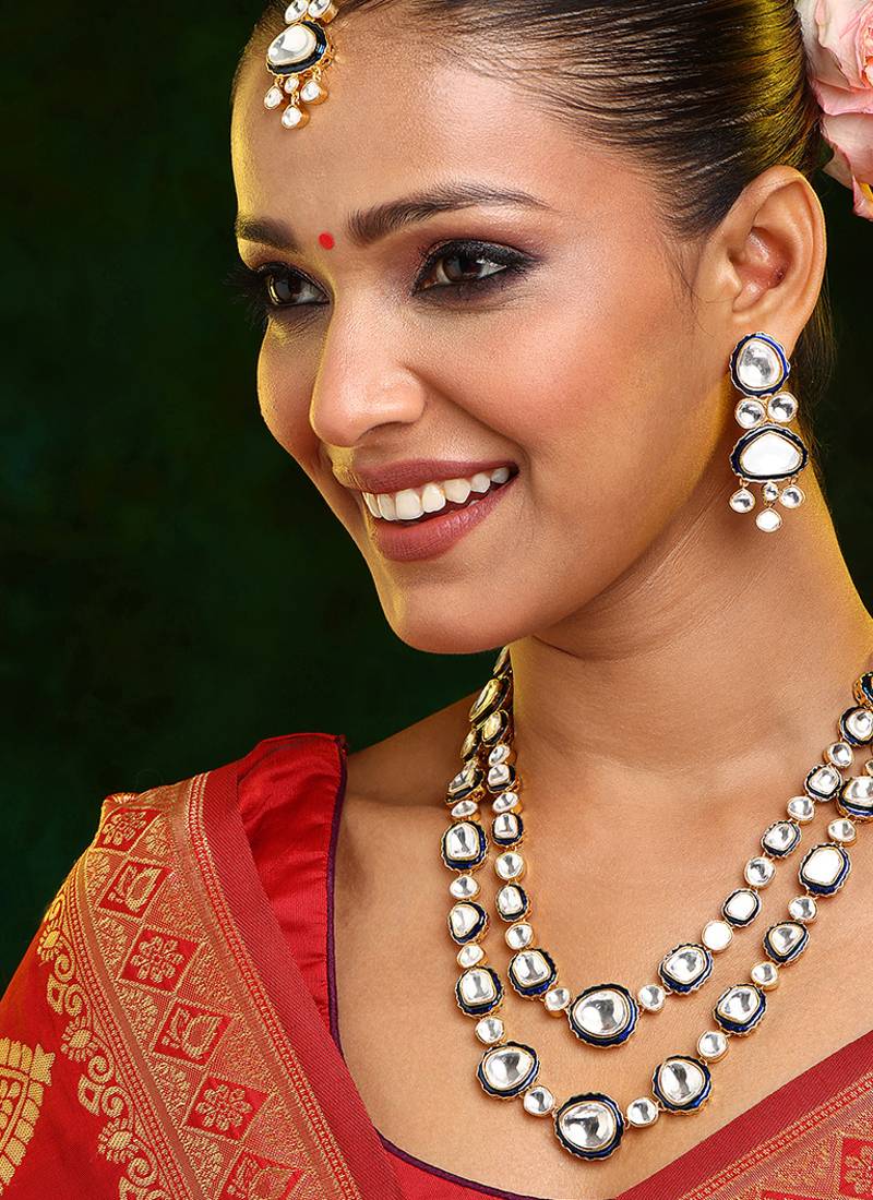 Gold Plated Kundan Blue Enamel Necklace Set