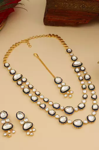 Gold Plated Kundan Blue Enamel Necklace Set