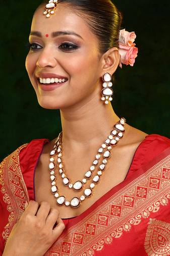 Gold Plated Kundan Red Enamel Necklace Set