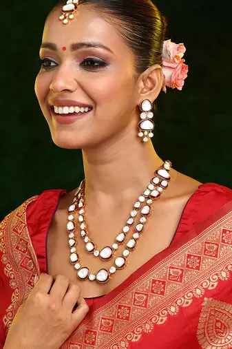 Gold Plated Kundan Red Enamel Necklace Set