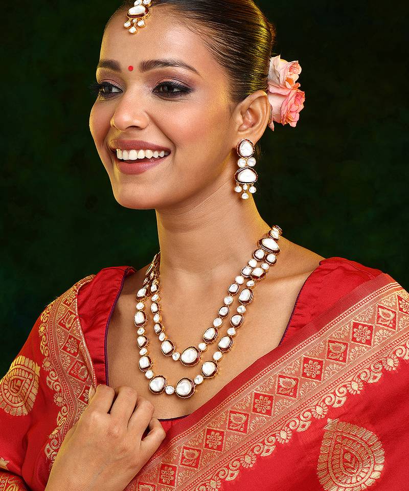 Gold Plated Kundan Red Enamel Necklace Set