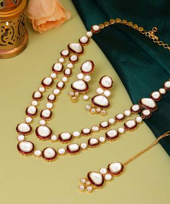 Gold Plated Kundan Red Enamel Necklace Set 2