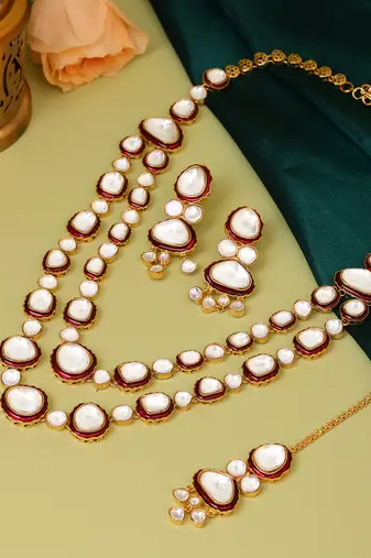 Gold Plated Kundan Red Enamel Necklace Set