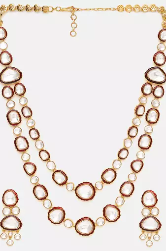 Gold Plated Kundan Red Enamel Necklace Set