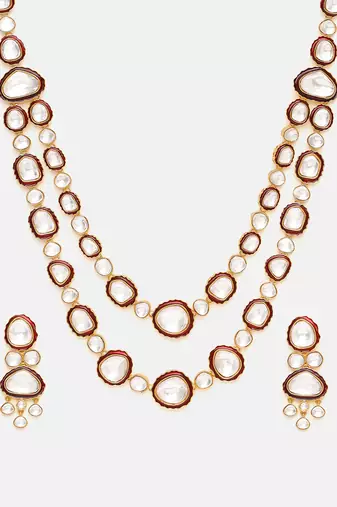 Gold Plated Kundan Red Enamel Necklace Set