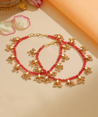 Gold Plated Kundan Red Beaded Anklets 2