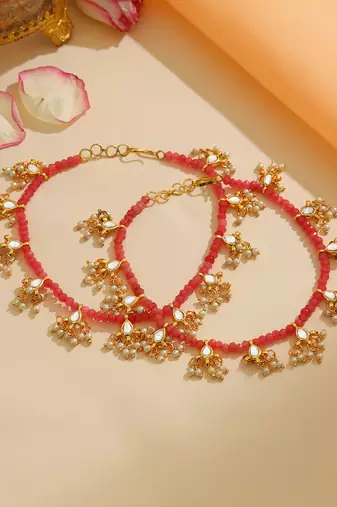 Gold Plated Kundan Red Beaded Anklets