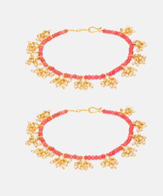 Gold Plated Kundan Red Beaded Anklets 3