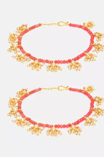 Gold Plated Kundan Red Beaded Anklets