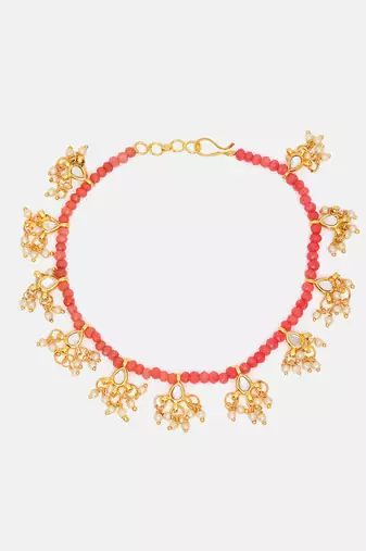 Gold Plated Kundan Red Beaded Anklets