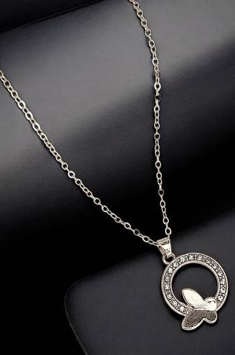 Silver plated cz encircled butterfly pendant chain