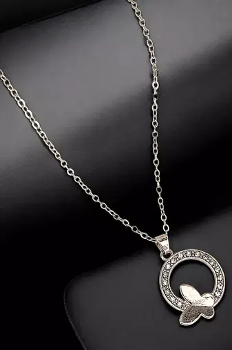 Silver plated cz encircled butterfly pendant chain