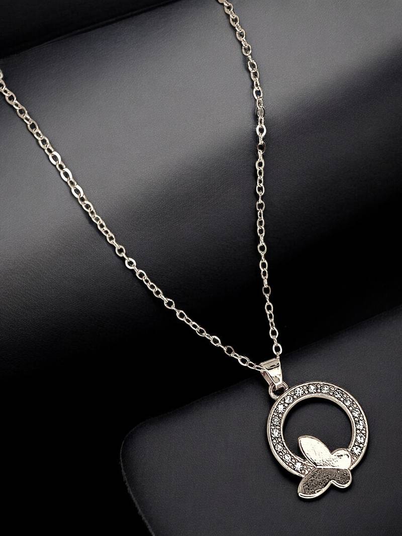 Silver plated cz encircled butterfly pendant chain
