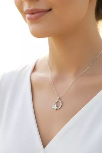 Silver plated cz encircled butterfly pendant chain
