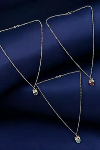 Set of 3 silver plated owl pendant chain