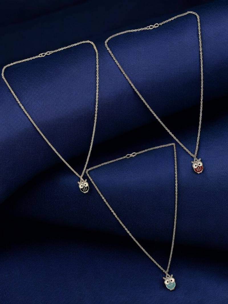 Set of 3 silver plated owl pendant chain